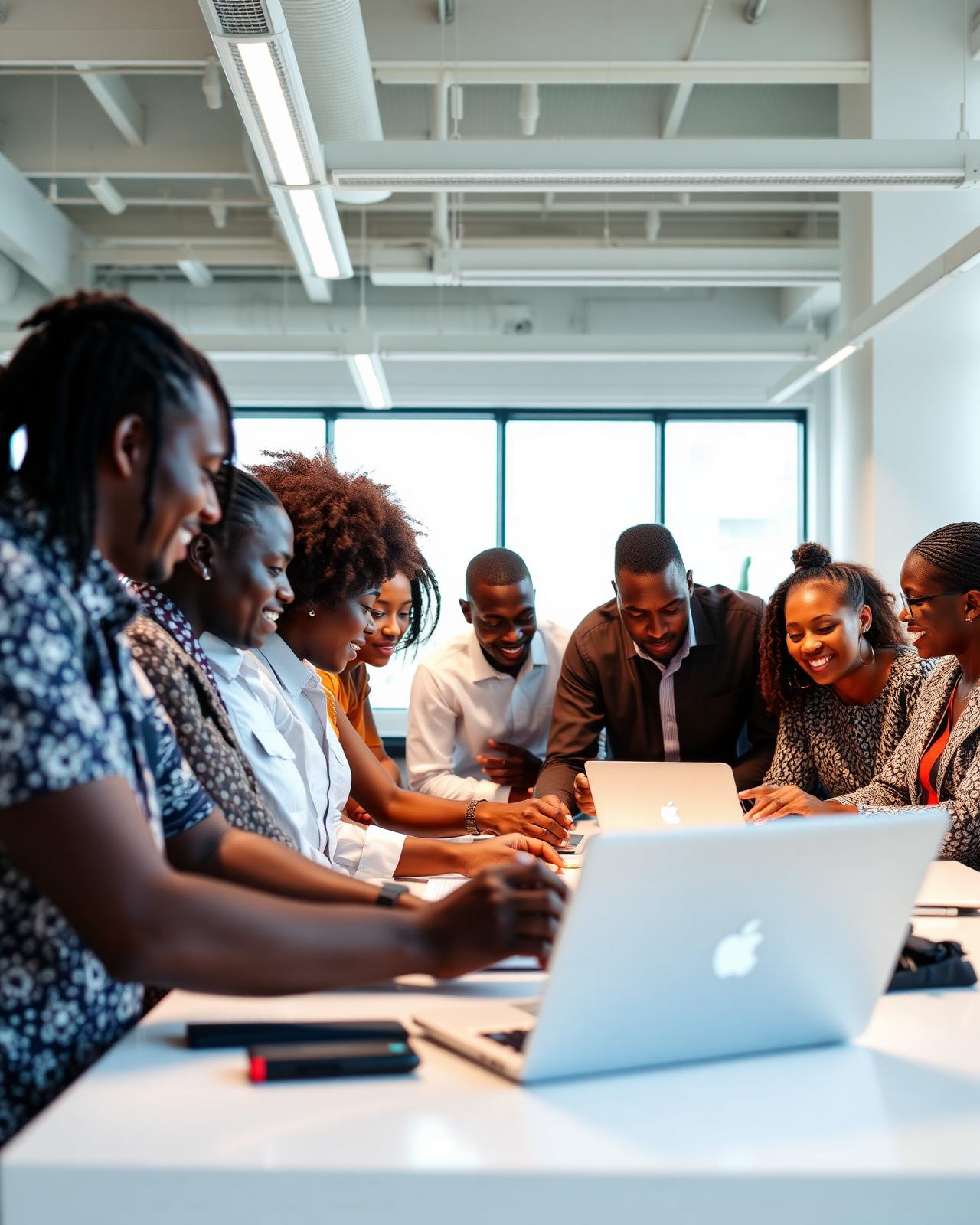 Diverse team collaborating in a bright modern space