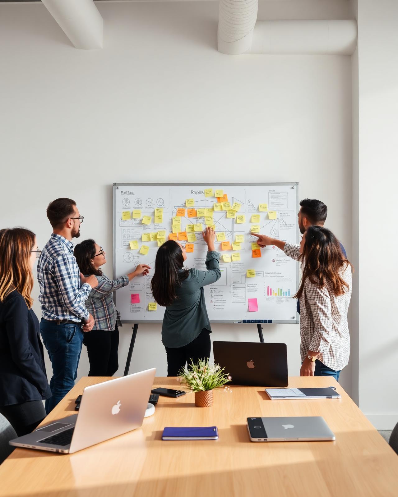 Team at a whiteboard planning session with sticky notes
