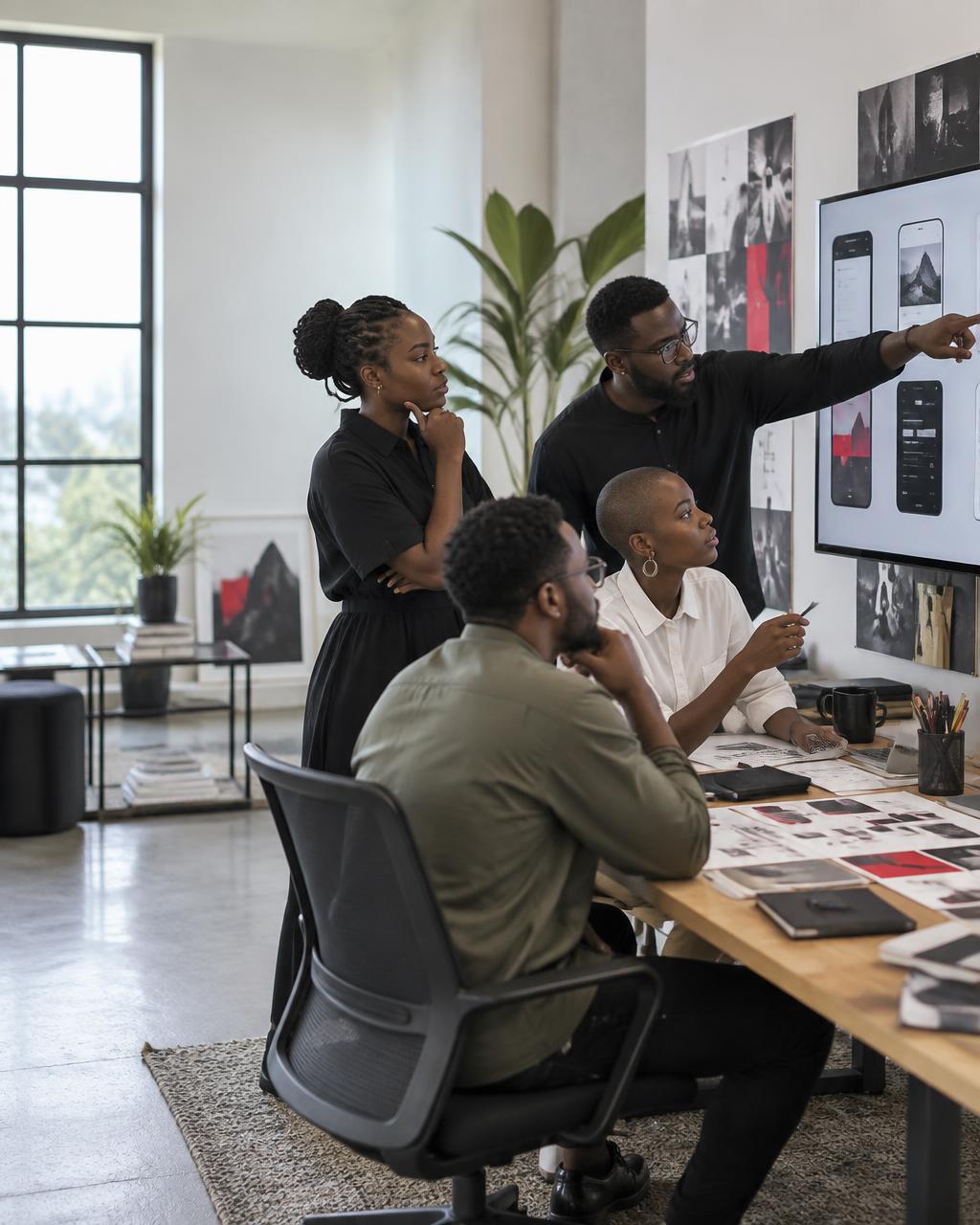 Creative team reviewing a brand system in the studio